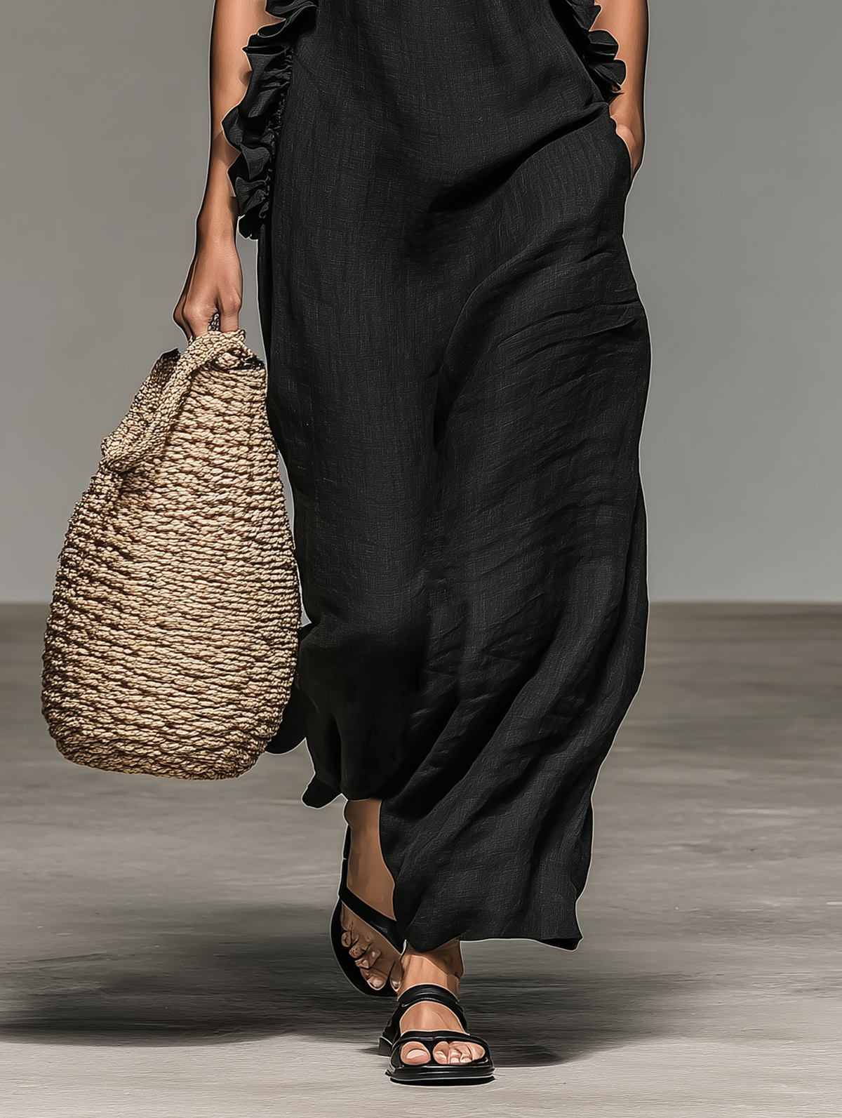 Women's Sleeveless Maxi Dress – Ruffle Accents, Flowing Cut ruffle bodice detail