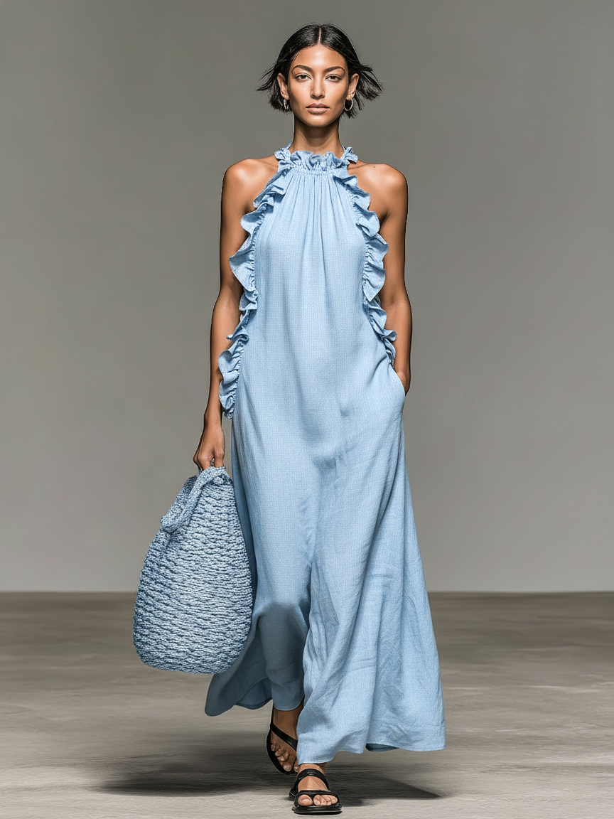 Women's Sleeveless Maxi Dress – Ruffle Accents, Flowing Cut pocket detail