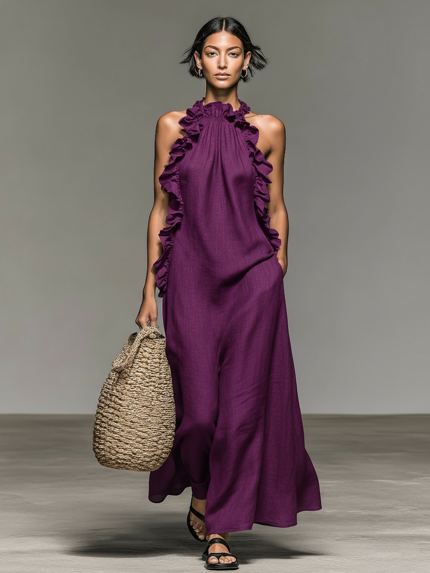Women's Sleeveless Maxi Dress – Ruffle Accents, Flowing Cut full length