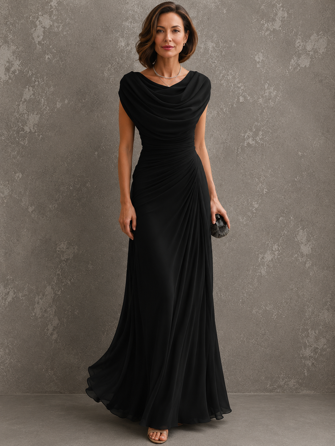 Women's Sleeveless Ruched Maxi Dress – Draped Bodice, Floor-Length Skirt