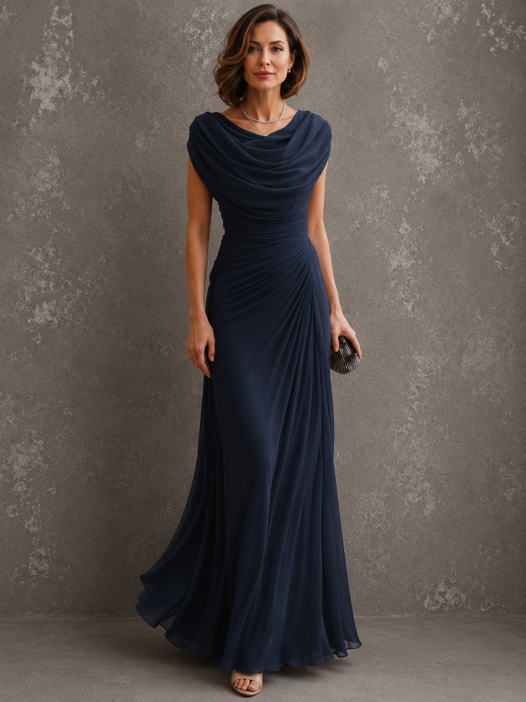 Women's Sleeveless Ruched Maxi Dress – Draped Bodice, Floor-Length Skirt