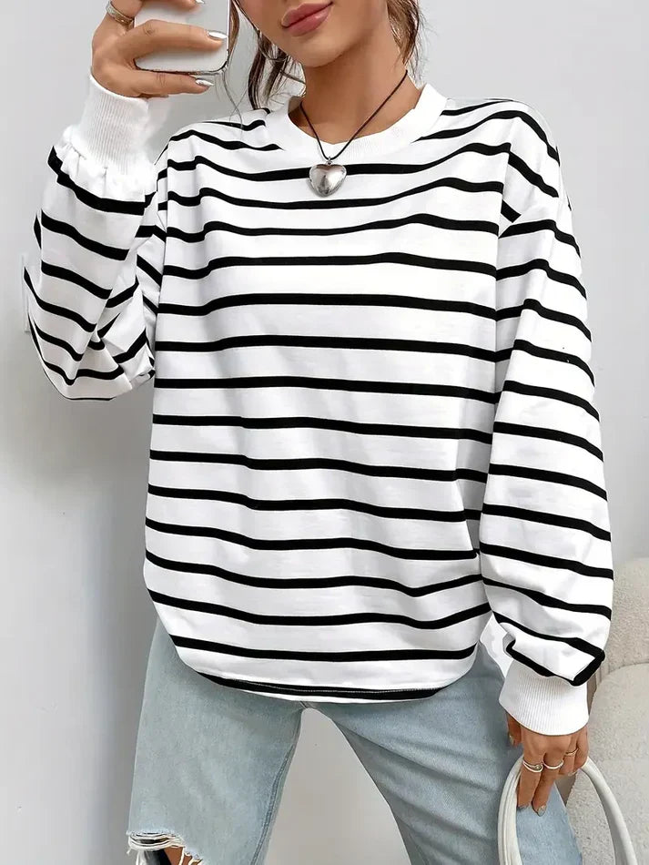 Women's striped crew neck sweatshirt front view with ribbed trims
