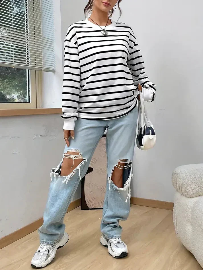 Women's striped crew neck sweatshirt back view