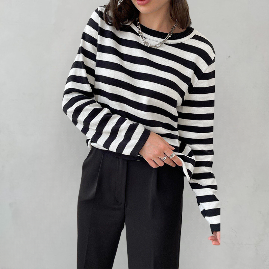 Women's Striped Crew Neck Sweatshirt seated view