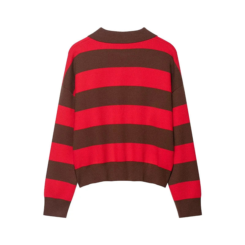 Women’s Striped Jumper with Polo Collar and Long Sleeves