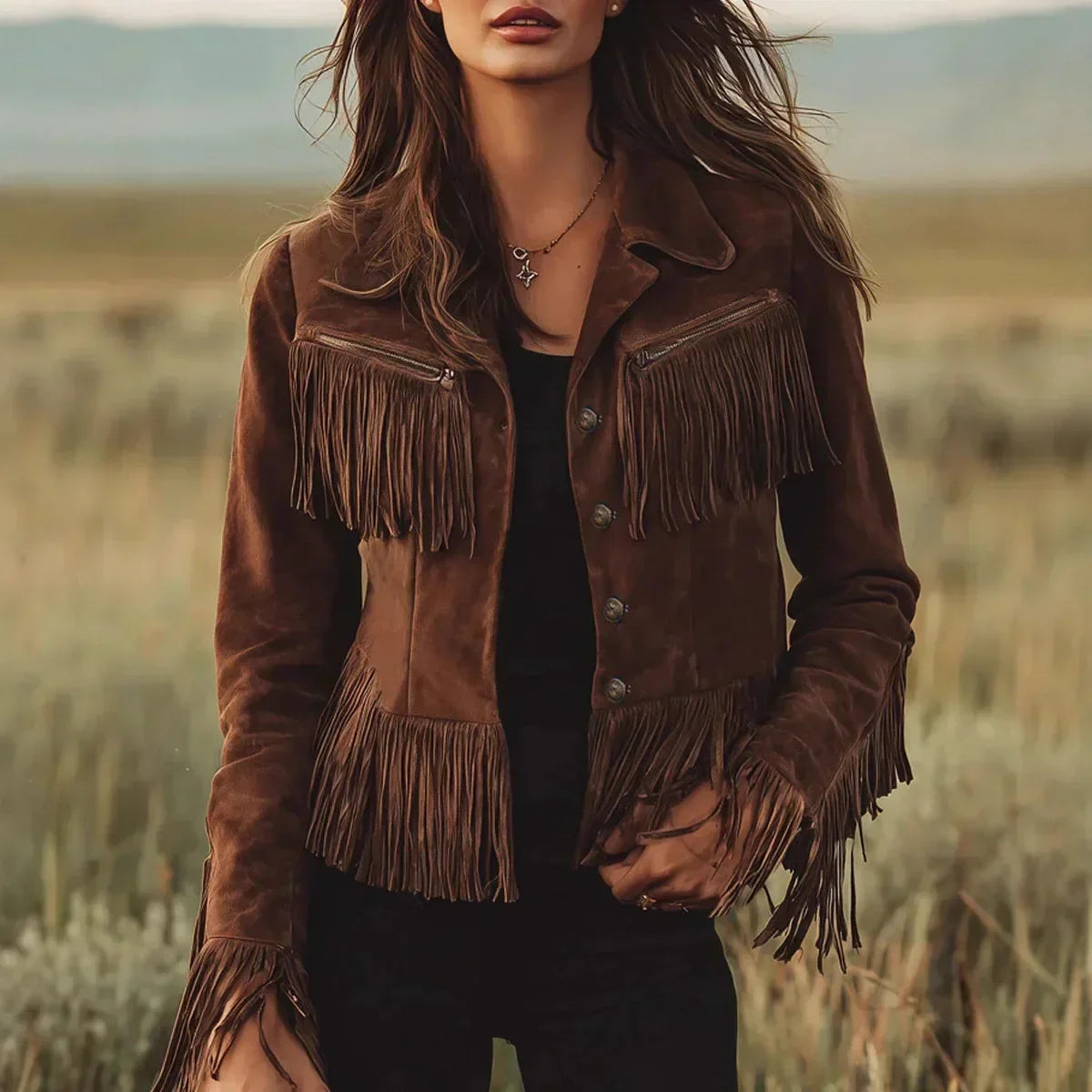 Women's Suede Jacket – Fringe Trim, Button Front front view