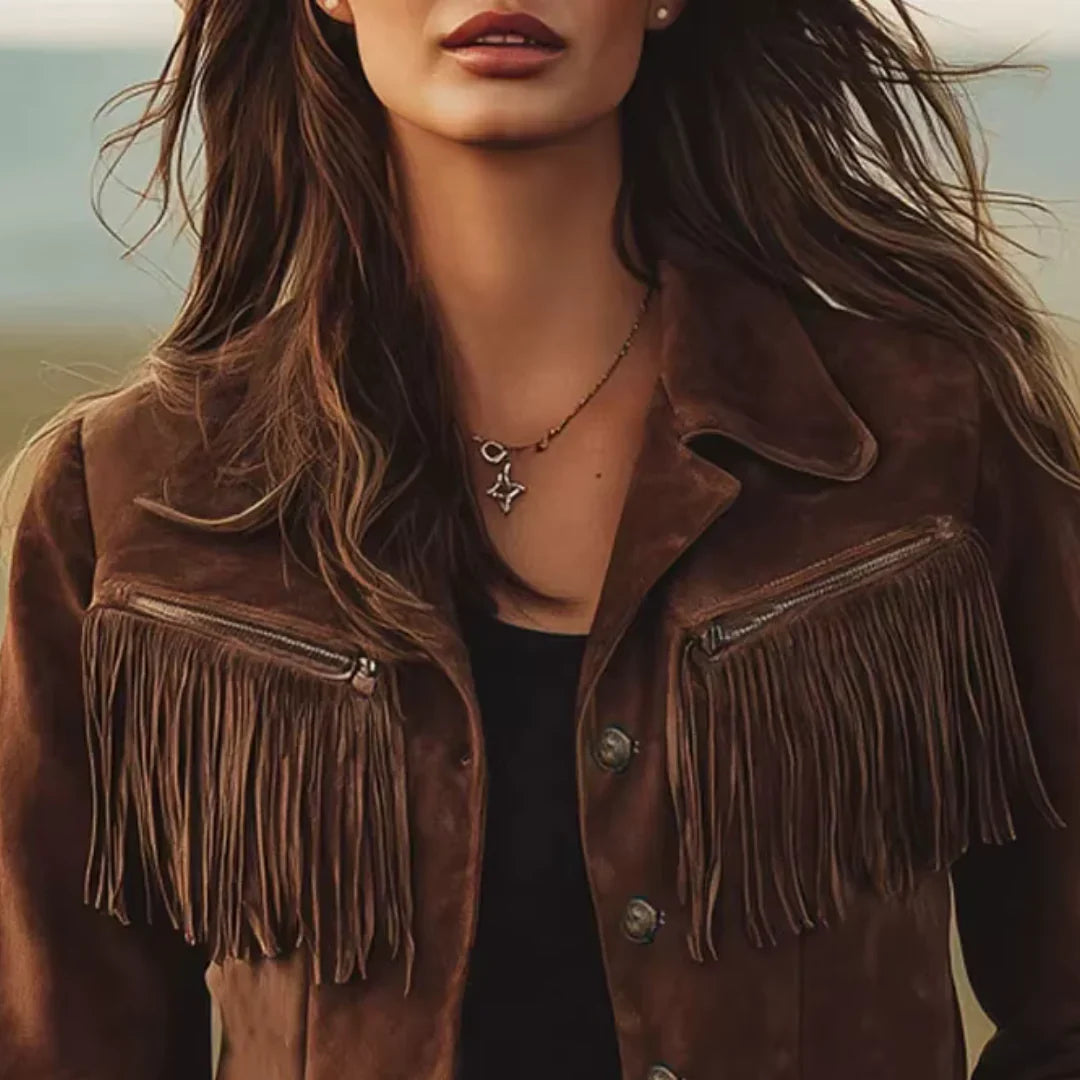 Women's Suede Jacket – Fringe Trim, Button Front showing chest pocket fringe detail