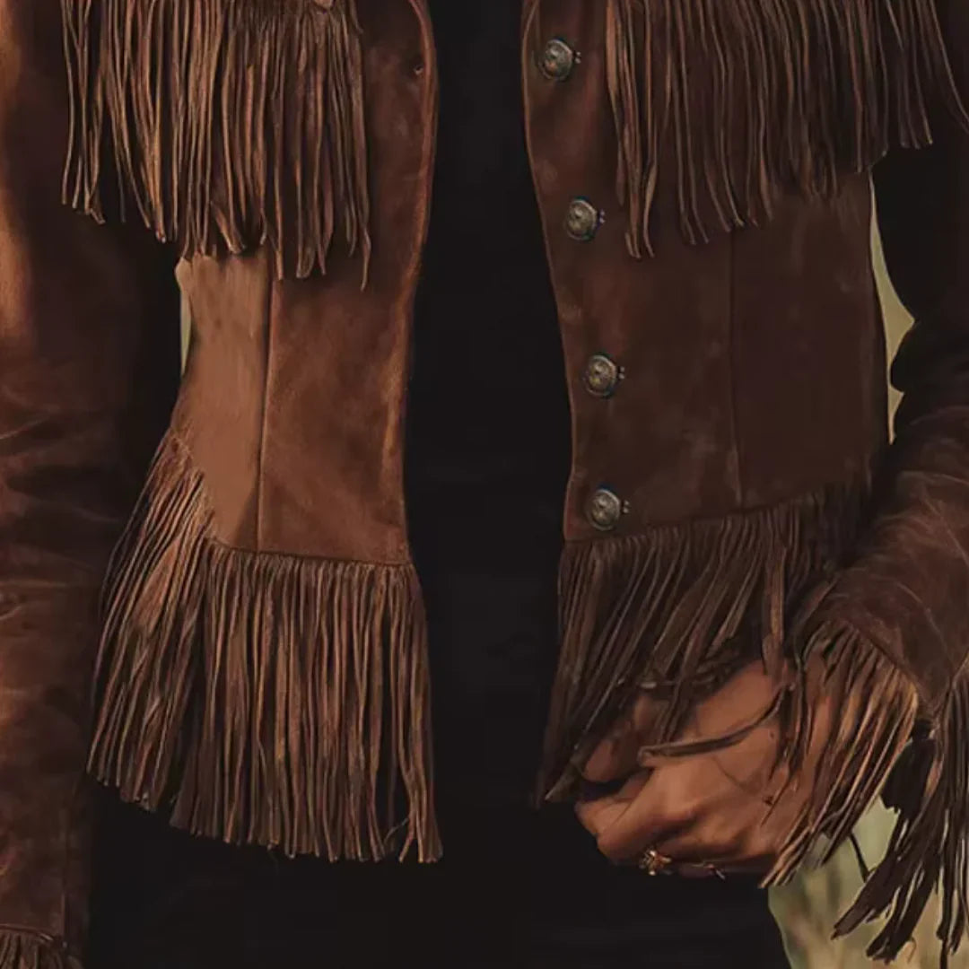 Women's Suede Jacket – Fringe Trim, Button Front hem and sleeve view