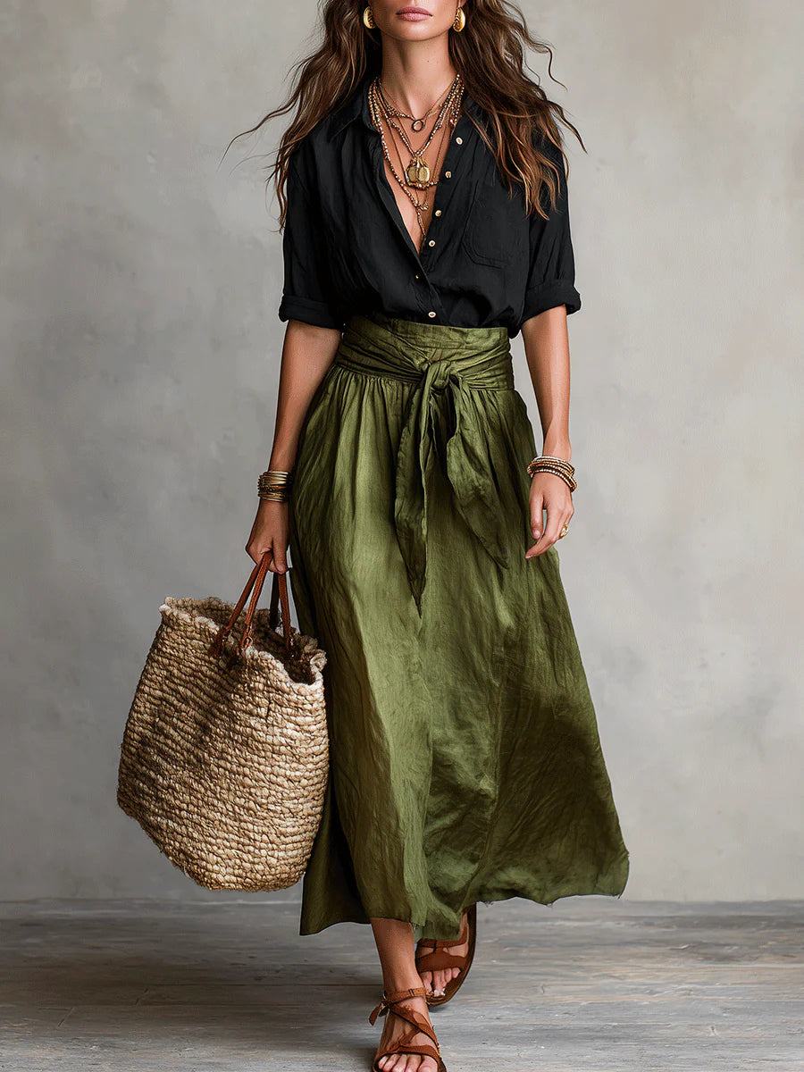 Long-sleeve top and midi skirt two-piece set front view
