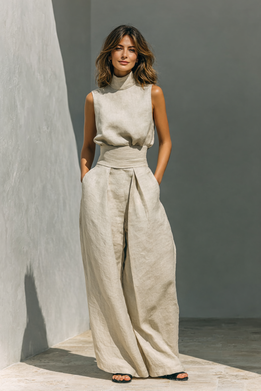 Women's sleeveless high-neck tank and wide-leg trouser set front view