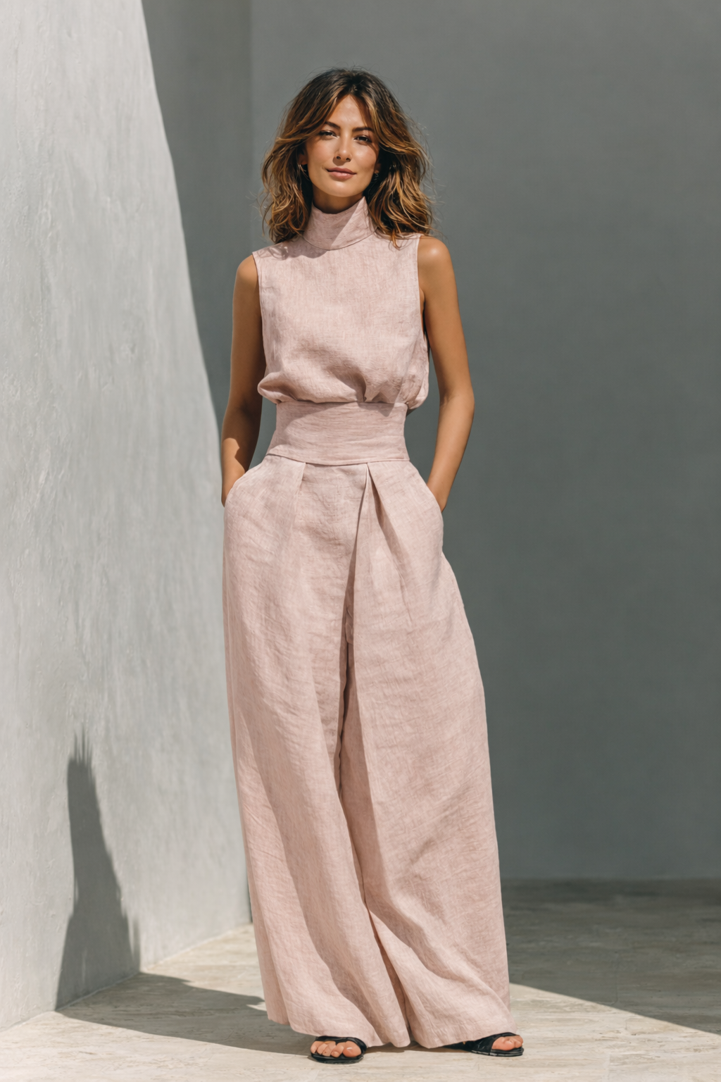 Wide-leg full-length trousers detail