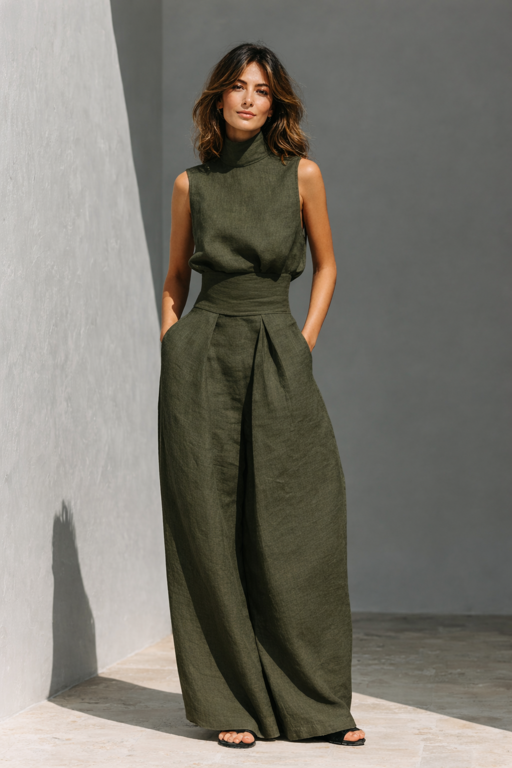 Full-length view of the tank and wide-leg trouser set