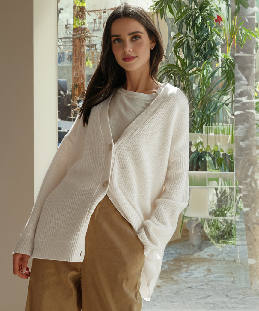 Cardigan da donna con scollo a V, trama a coste e maniche con spalle scese