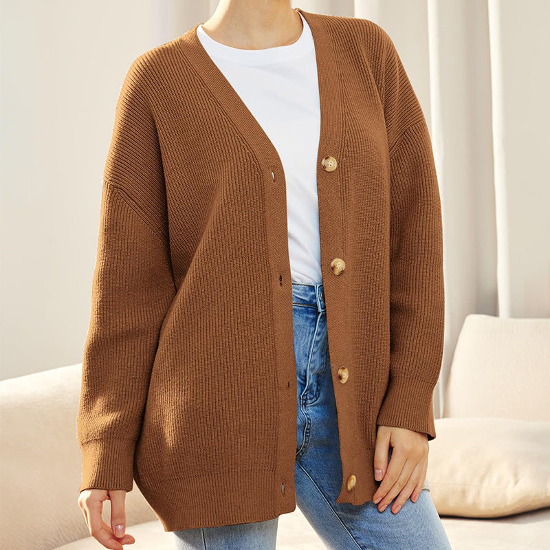 Cardigan da donna con scollo a V, trama a coste e maniche con spalle scese