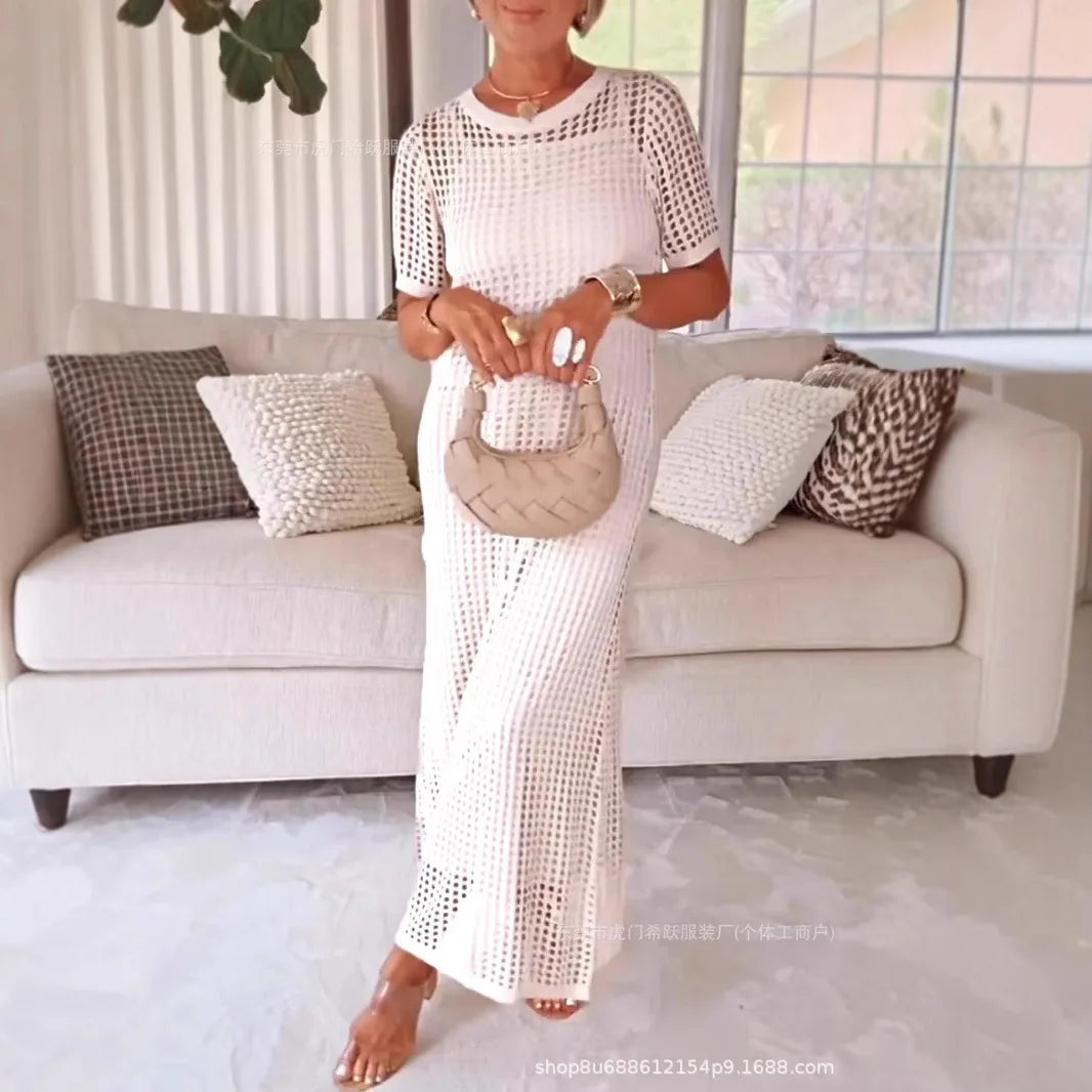Women's V-Neck Lace Maxi Dress – Deep V, Long Sleeves