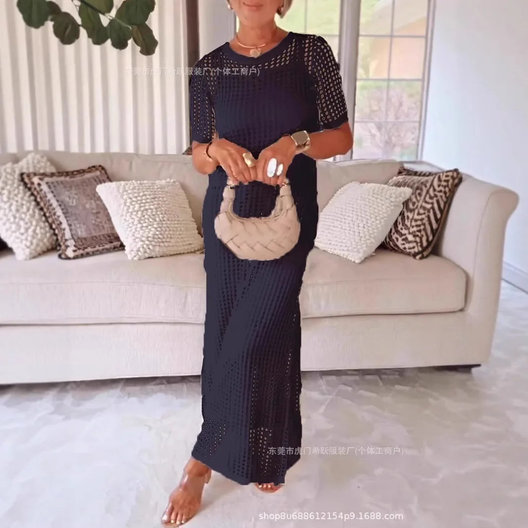 Women's V-Neck Lace Maxi Dress – Deep V, Long Sleeves