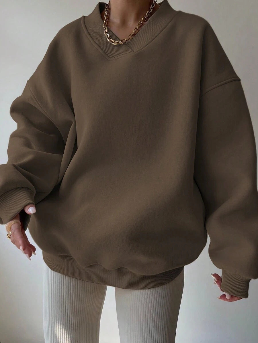 Women's V-Neck Oversized Jumper – Drop Shoulder, Ribbed Cuffs