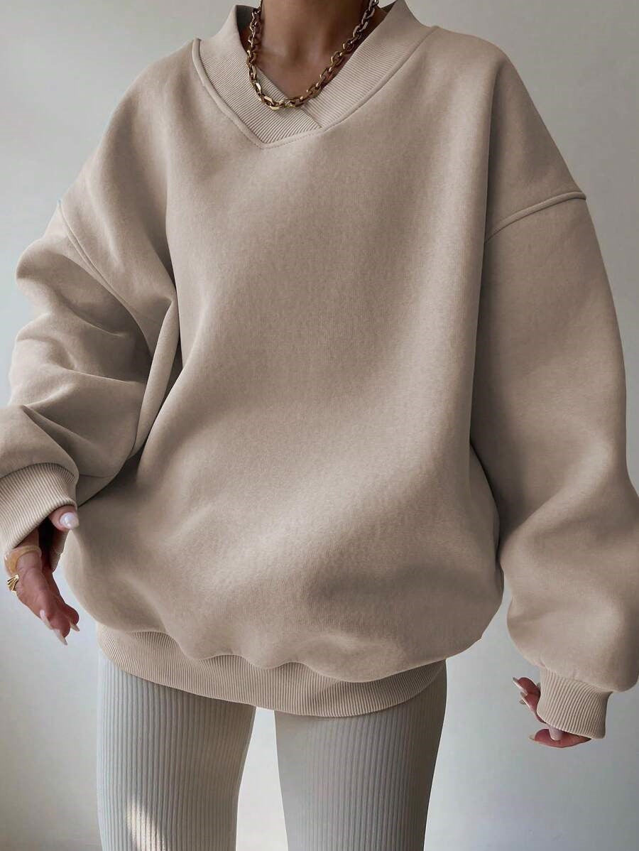 Women's V-Neck Oversized Jumper – Drop Shoulder, Ribbed Cuffs