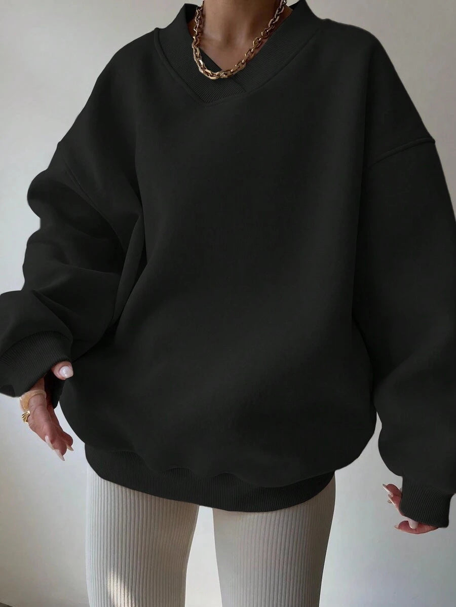 Women's V-Neck Oversized Jumper – Drop Shoulder, Ribbed Cuffs