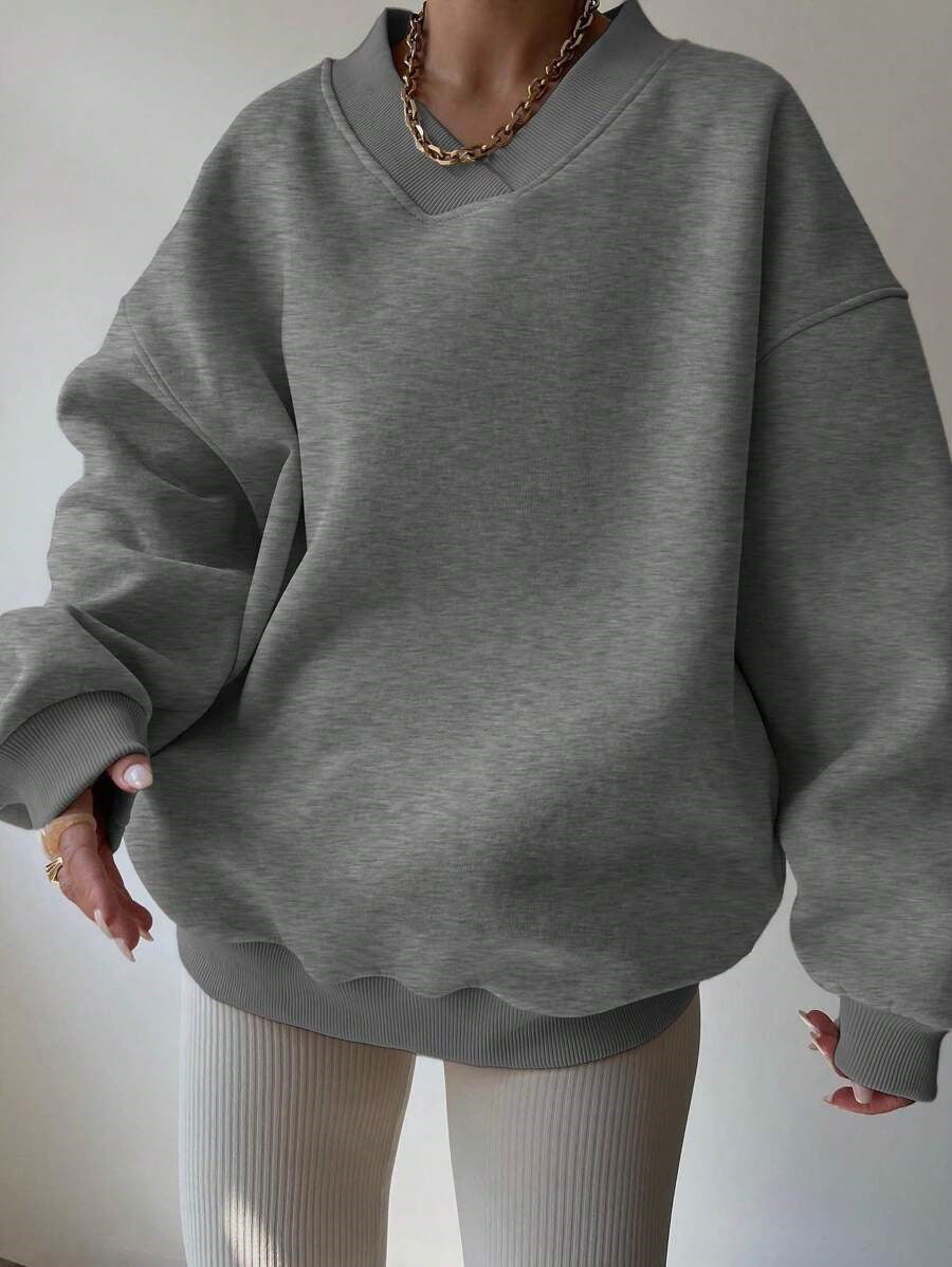 Women's V-Neck Oversized Jumper – Drop Shoulder, Ribbed Cuffs