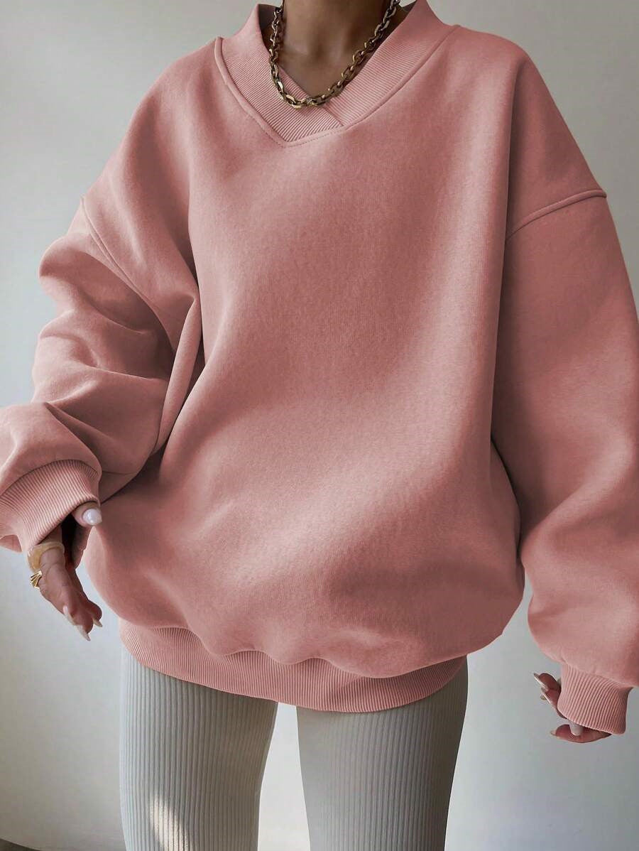 Women's V-Neck Oversized Jumper – Drop Shoulder, Ribbed Cuffs