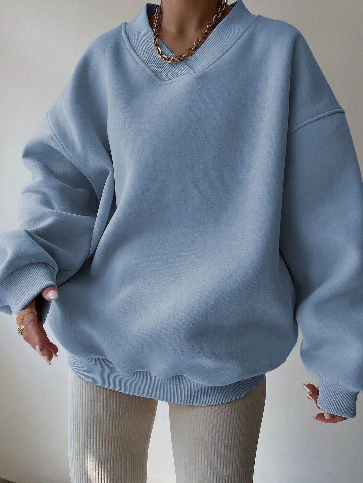 Women's V-Neck Oversized Jumper – Drop Shoulder, Ribbed Cuffs
