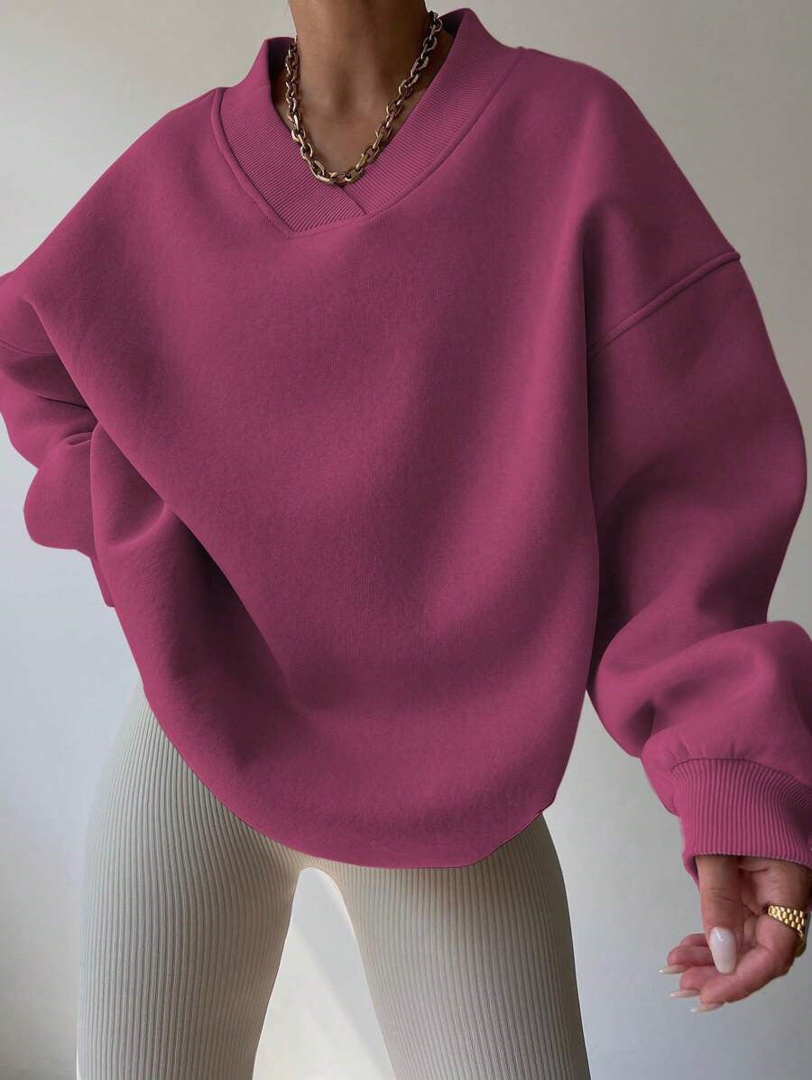 Women's V-Neck Oversized Jumper – Drop Shoulder, Ribbed Cuffs