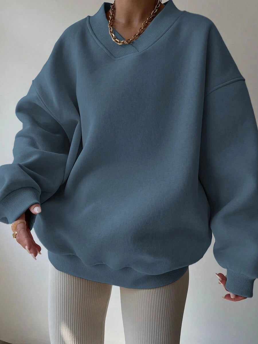 Women's V-Neck Oversized Jumper – Drop Shoulder, Ribbed Cuffs