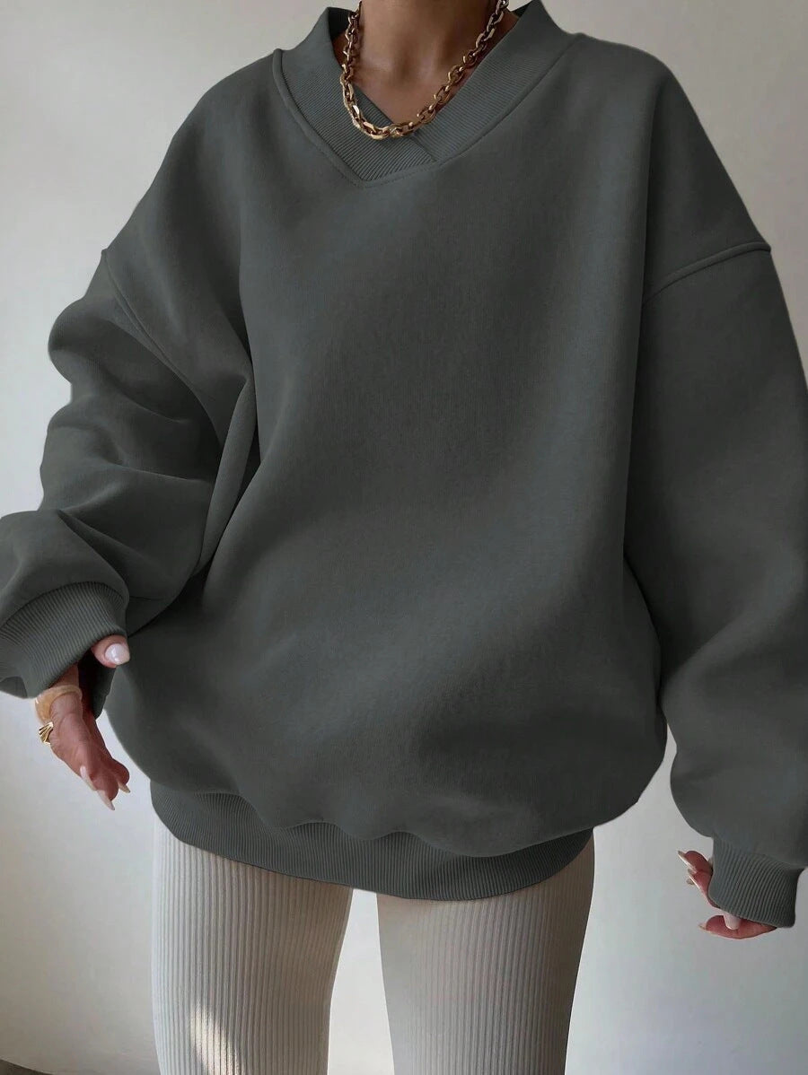 Women's V-Neck Oversized Jumper – Drop Shoulder, Ribbed Cuffs
