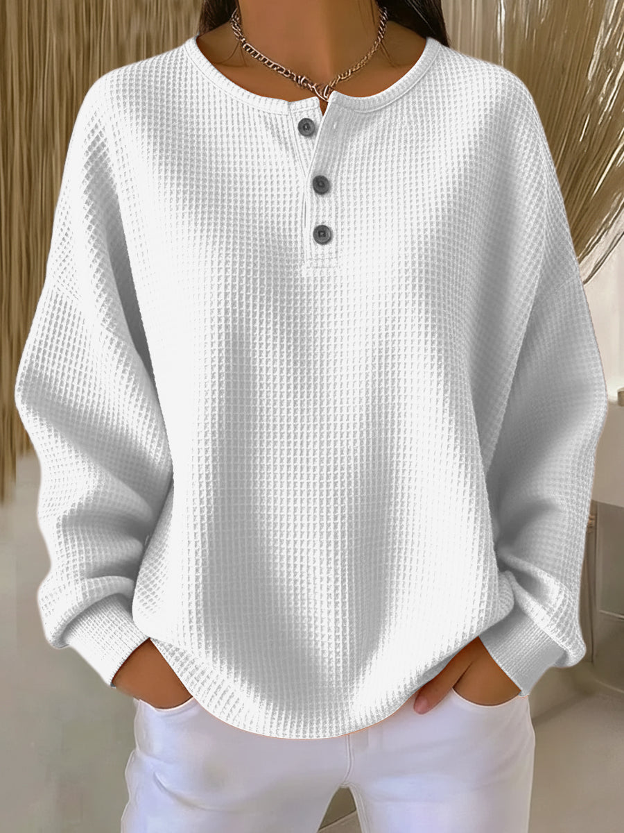 Women's Waffle Knit Sweater – Three-Button Henley Neck, Oversized neckline detail