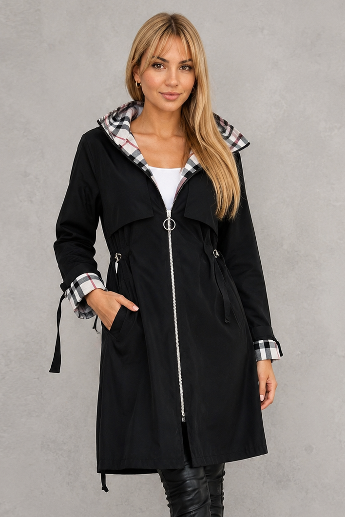 Women's Waterproof Hooded Rain Jacket – Check Trim, Midi Length zip close-up