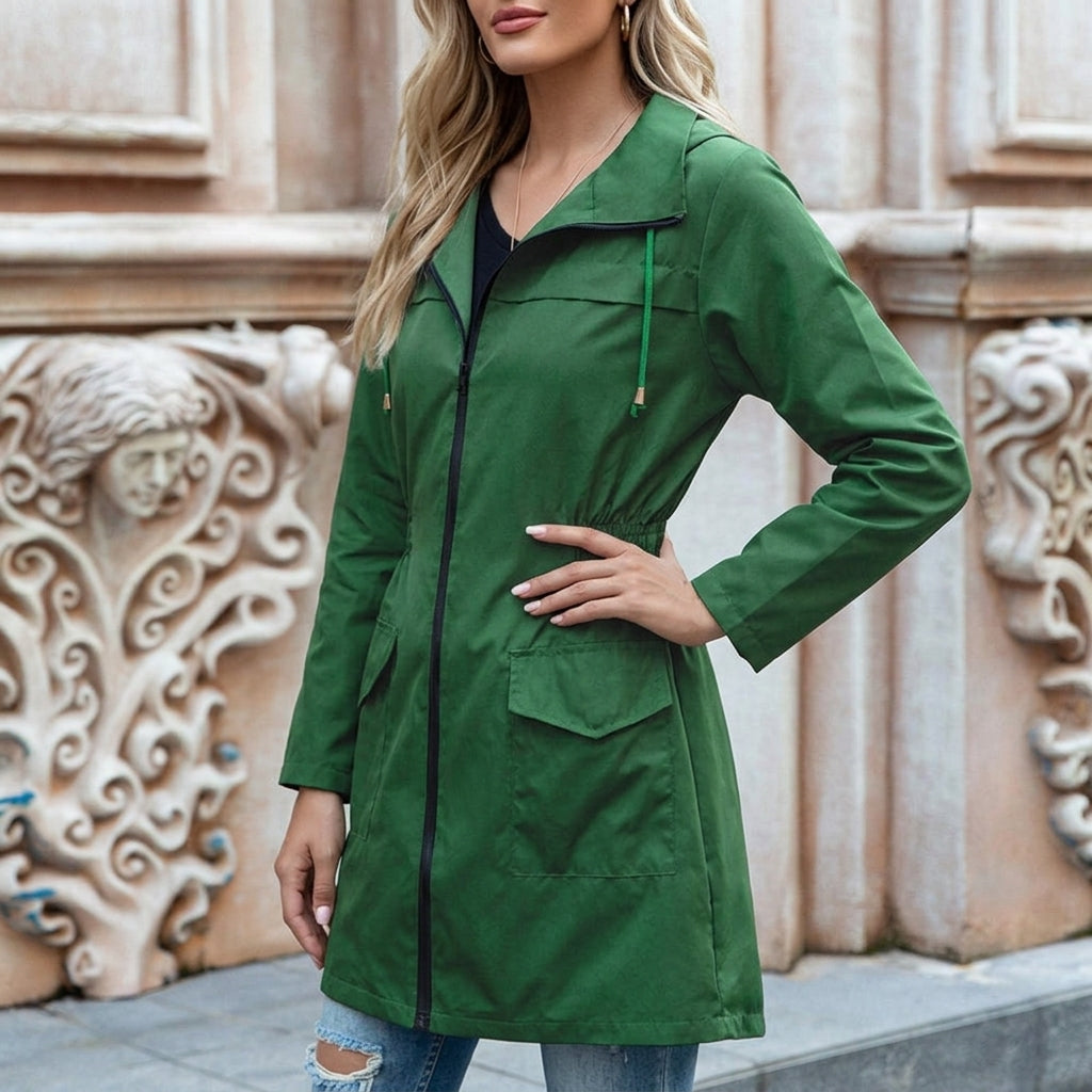 Women's Waterproof Hooded Rain Jacket – Zip Front, Drawstring Waist
