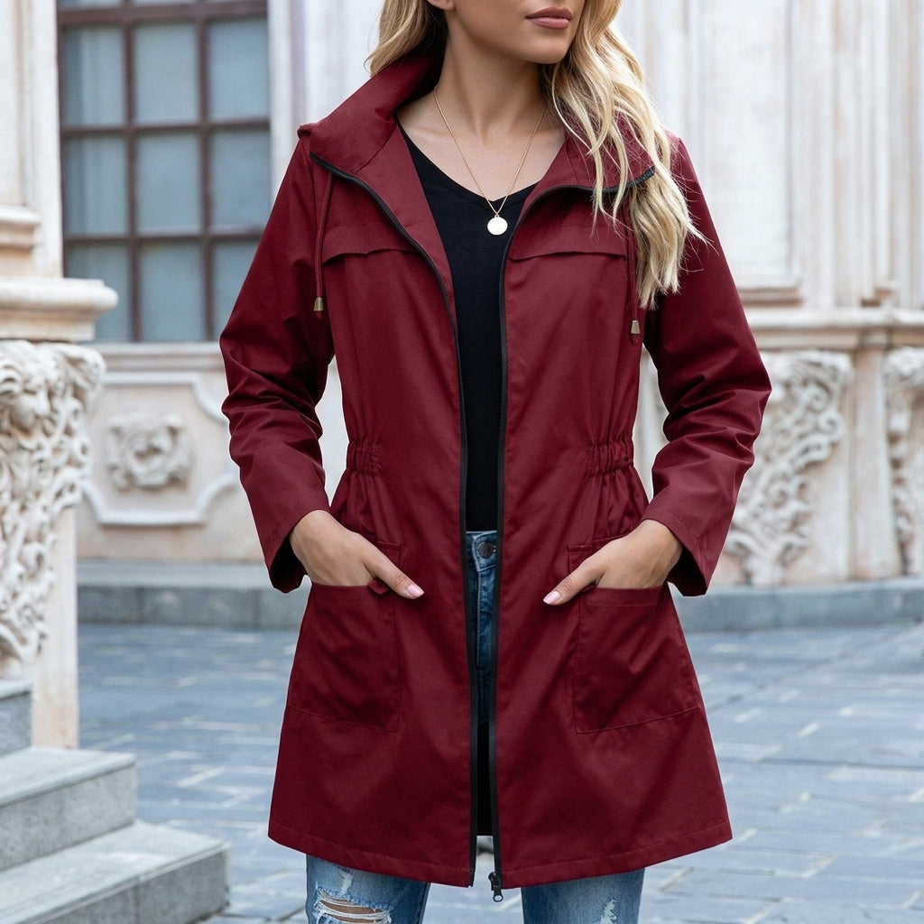 Women's Waterproof Hooded Rain Jacket – Zip Front, Drawstring Waist