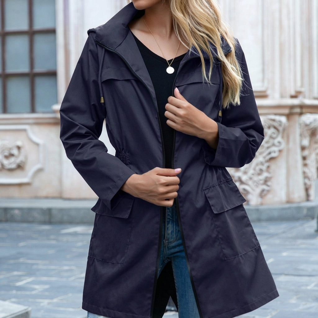 Women's Waterproof Hooded Rain Jacket – Zip Front, Drawstring Waist