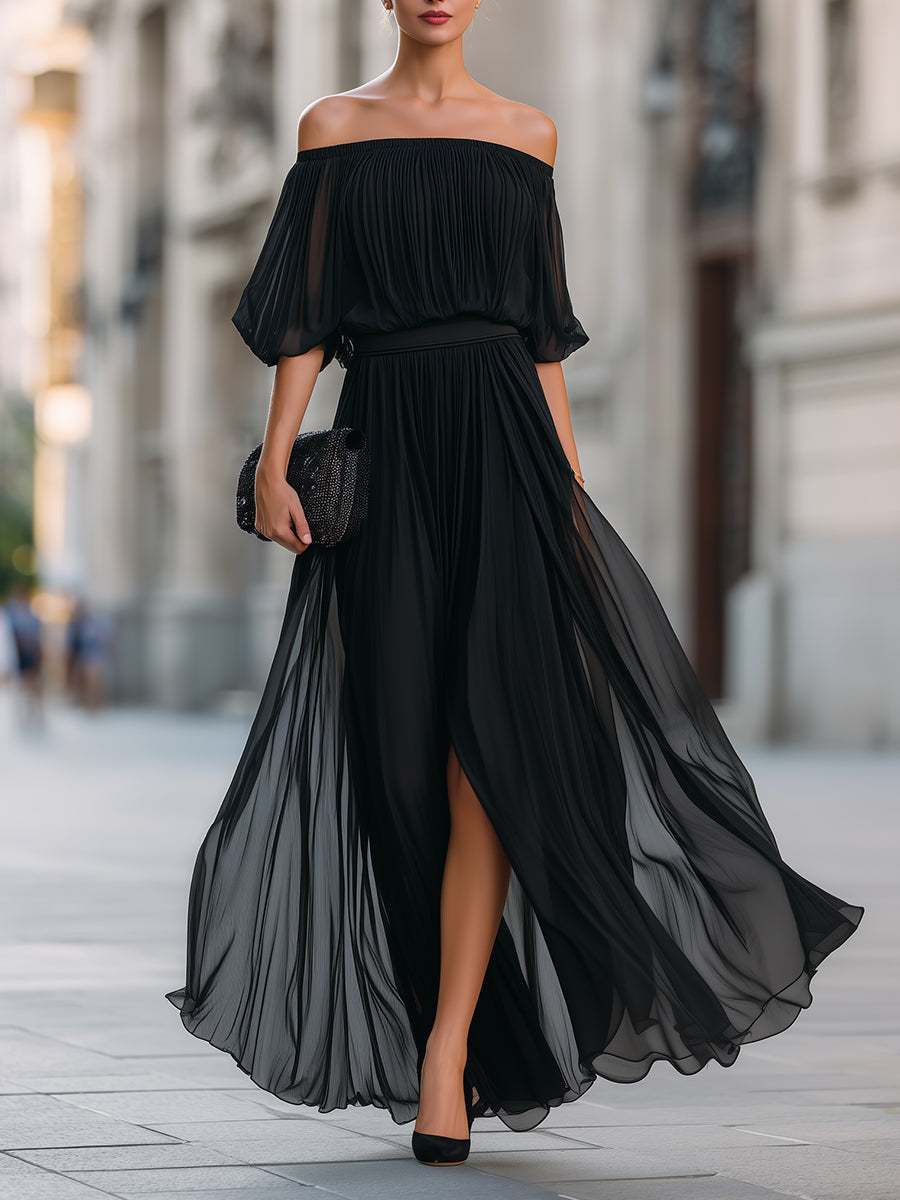 Women's Wedding Guest Dress Off Shoulder Pleated Maxi – Elbow Sleeves, Front Slit