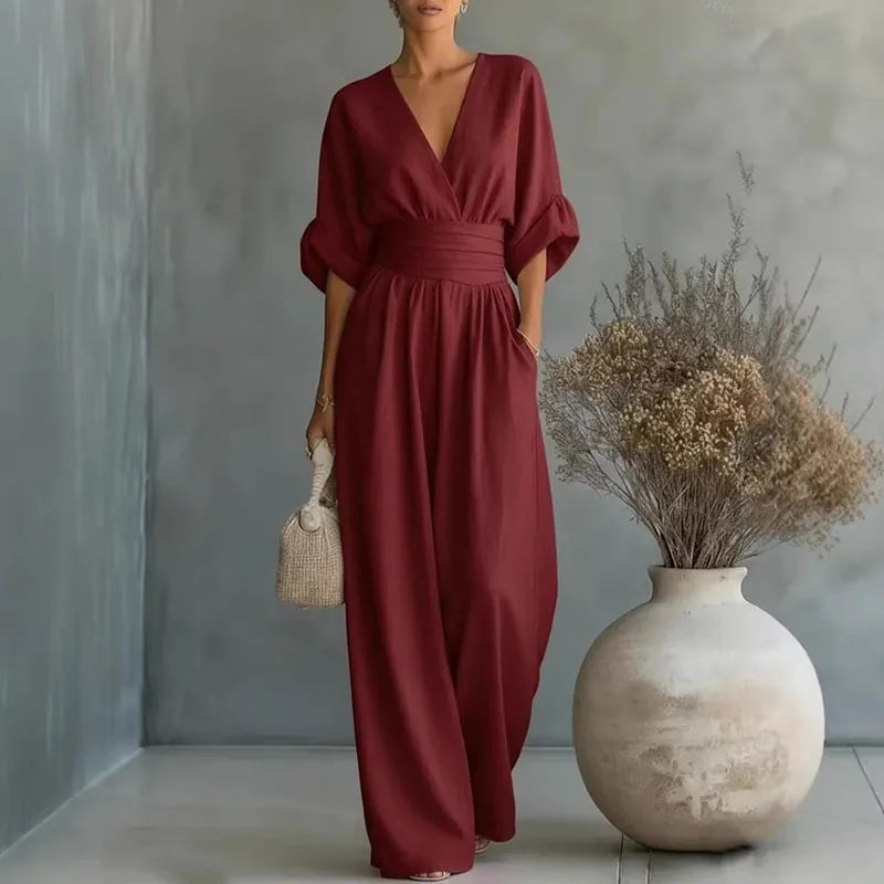 Women's Wrap-Front Wide-Leg Jumpsuit – Surplice V-Neck, Batwing Sleeves waist detail