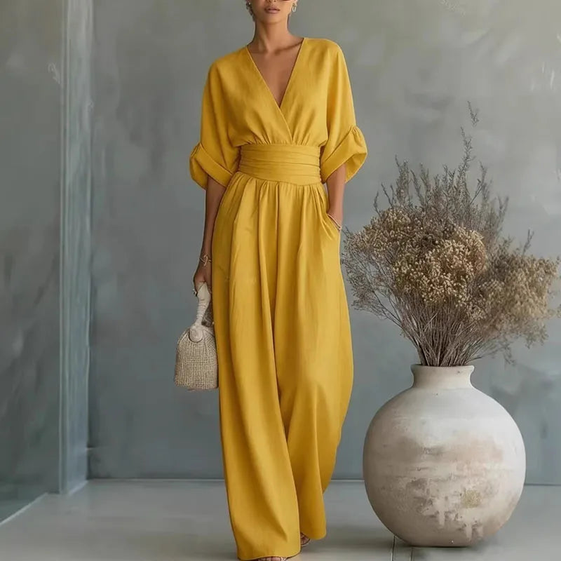 Women's Wrap-Front Wide-Leg Jumpsuit – Surplice V-Neck, Batwing Sleeves back view