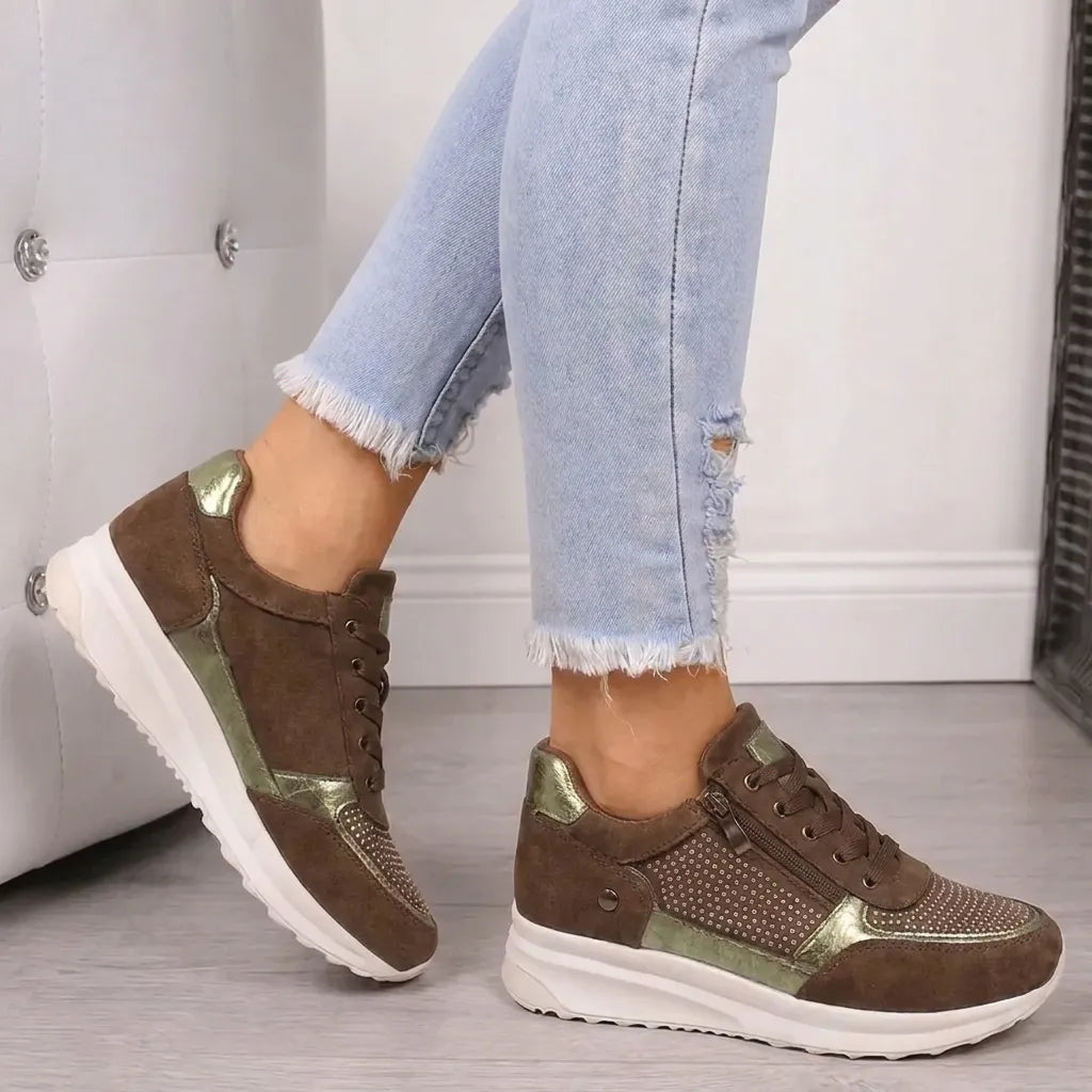 Women's Zip-Front Sneaker – Round Toe, Cushioned Sole worn on foot