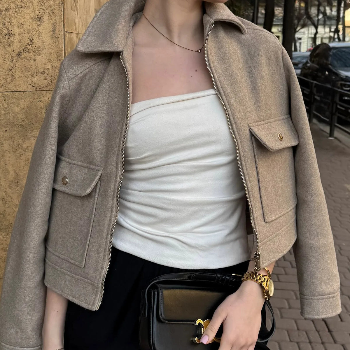 Women's Zip-Up Coat with Front Flap Pockets