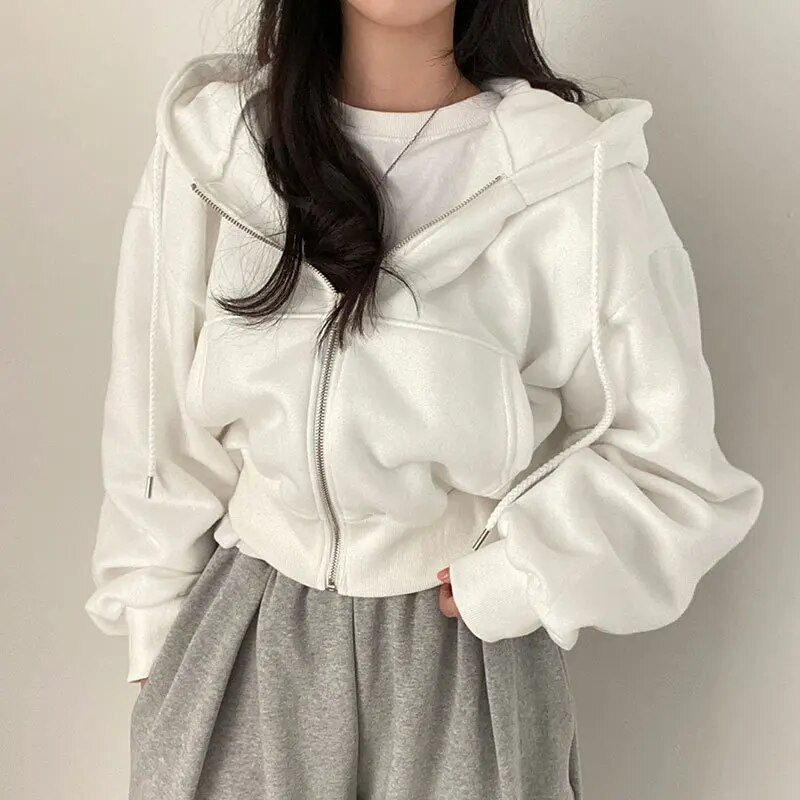 Women’s Zip-Up Hoodie with Cropped Length and Drop-Shoulder Sleeves