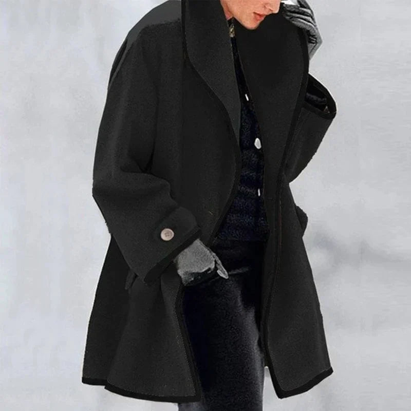 Women's Double-Breasted Long Coat – Fitted Waist, Side Pockets