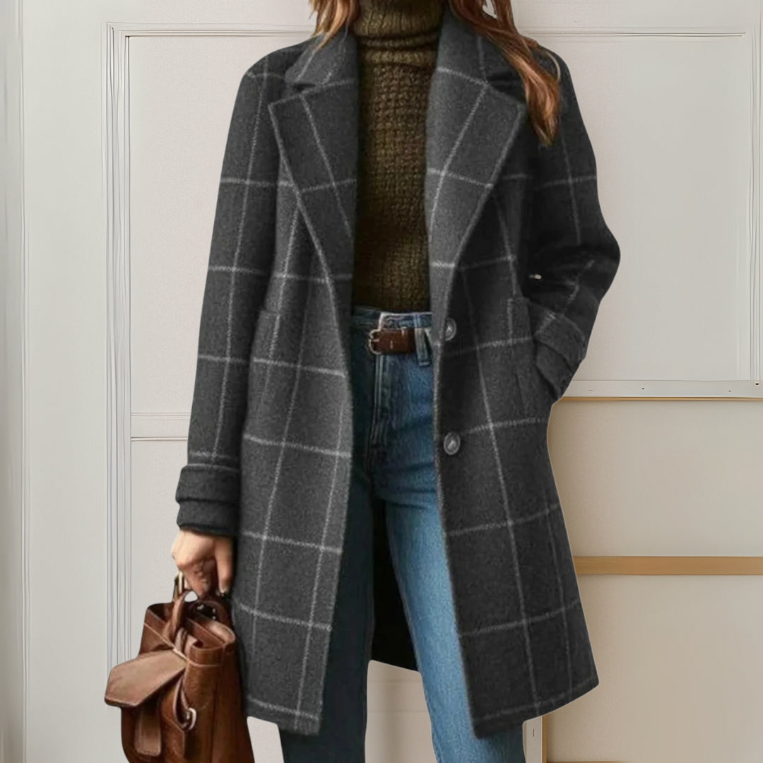 Long manteau à carreaux femme - col à revers, boutonnage devant