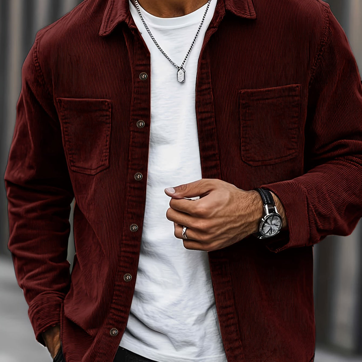 Men's Ribbed Overshirt – Button Front, Pointed Collar