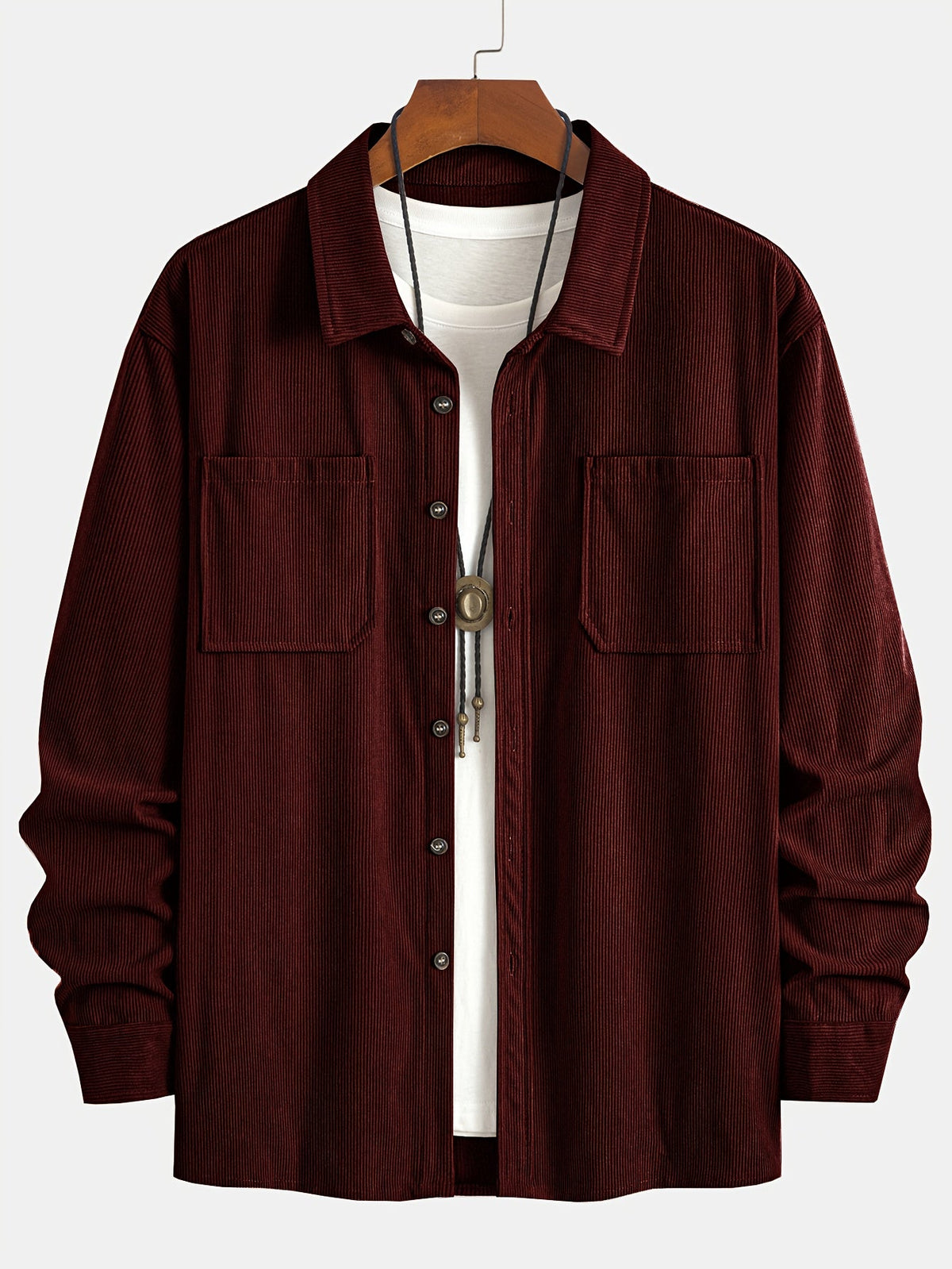 Men's Ribbed Overshirt – Button Front, Pointed Collar