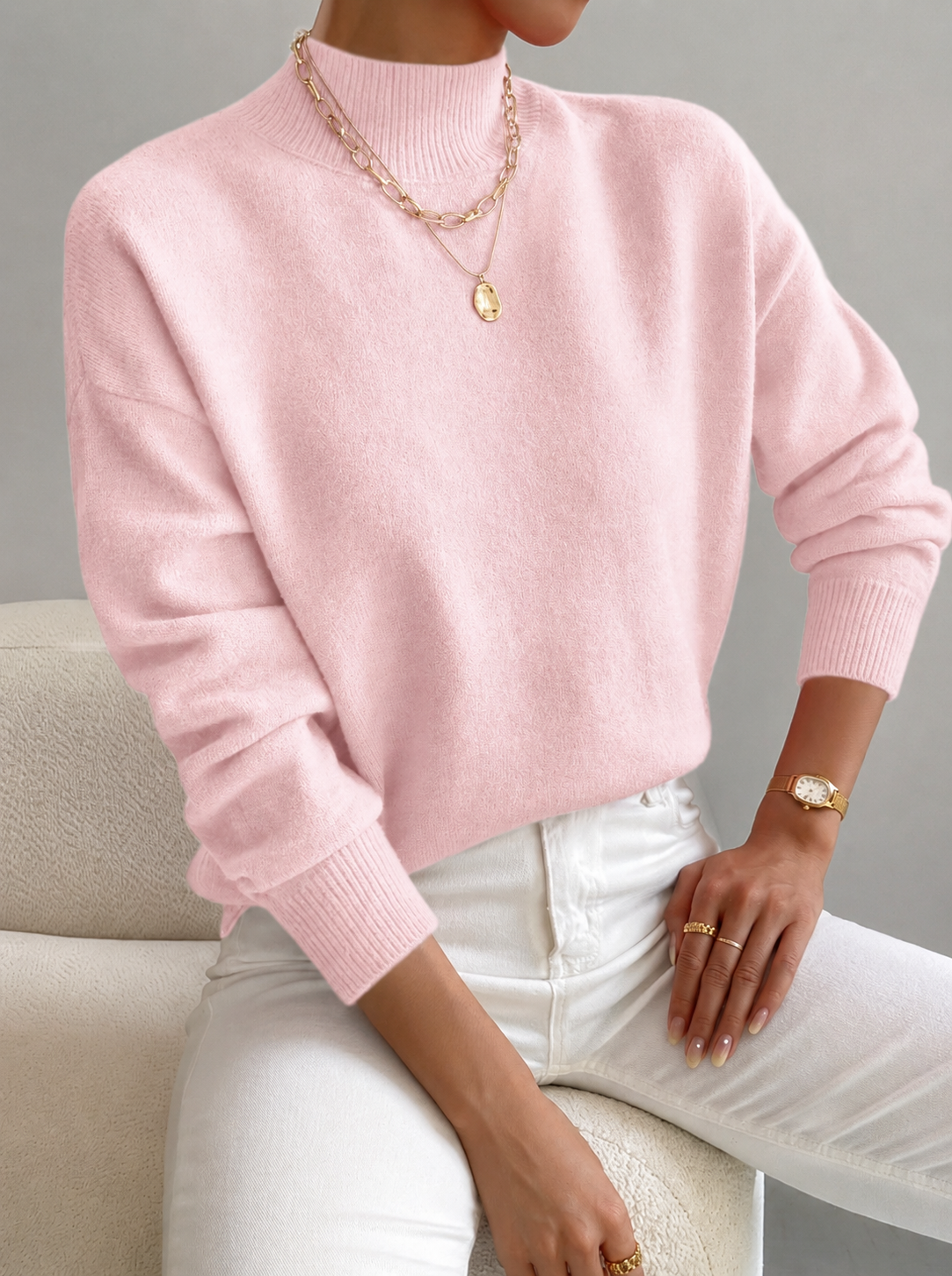 Pull à col roulé femme coupe ajustée - manches longues, poignets côtelés