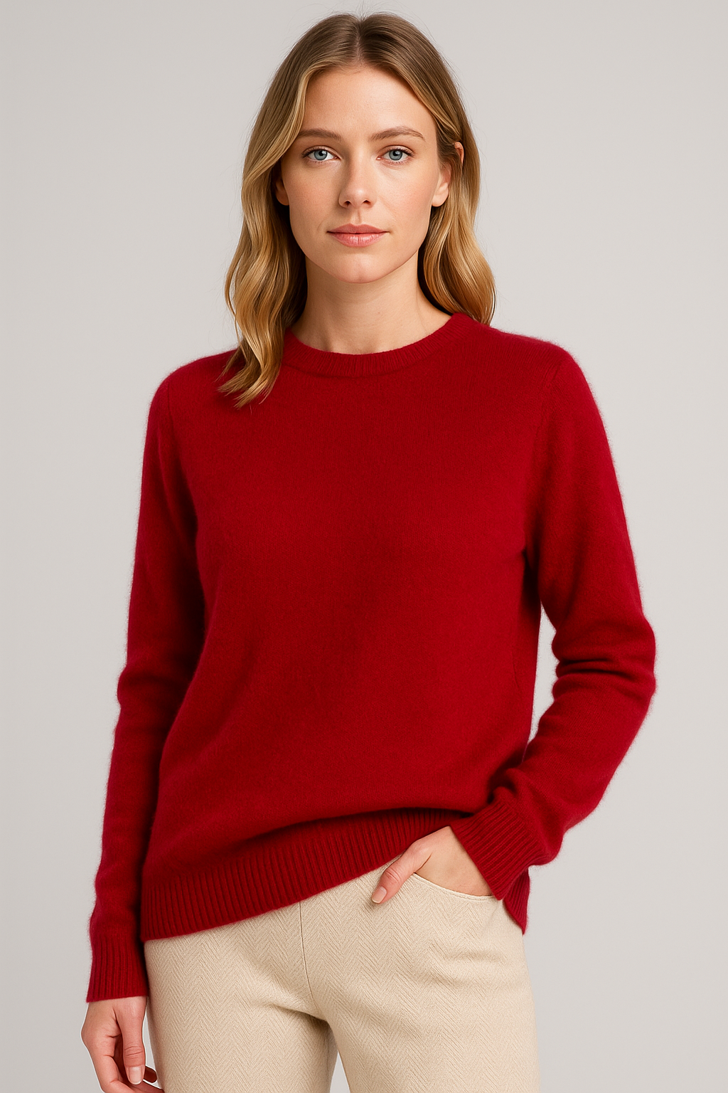 Women's Crew-Neck Jumper – Fine Knit, Ribbed Trims