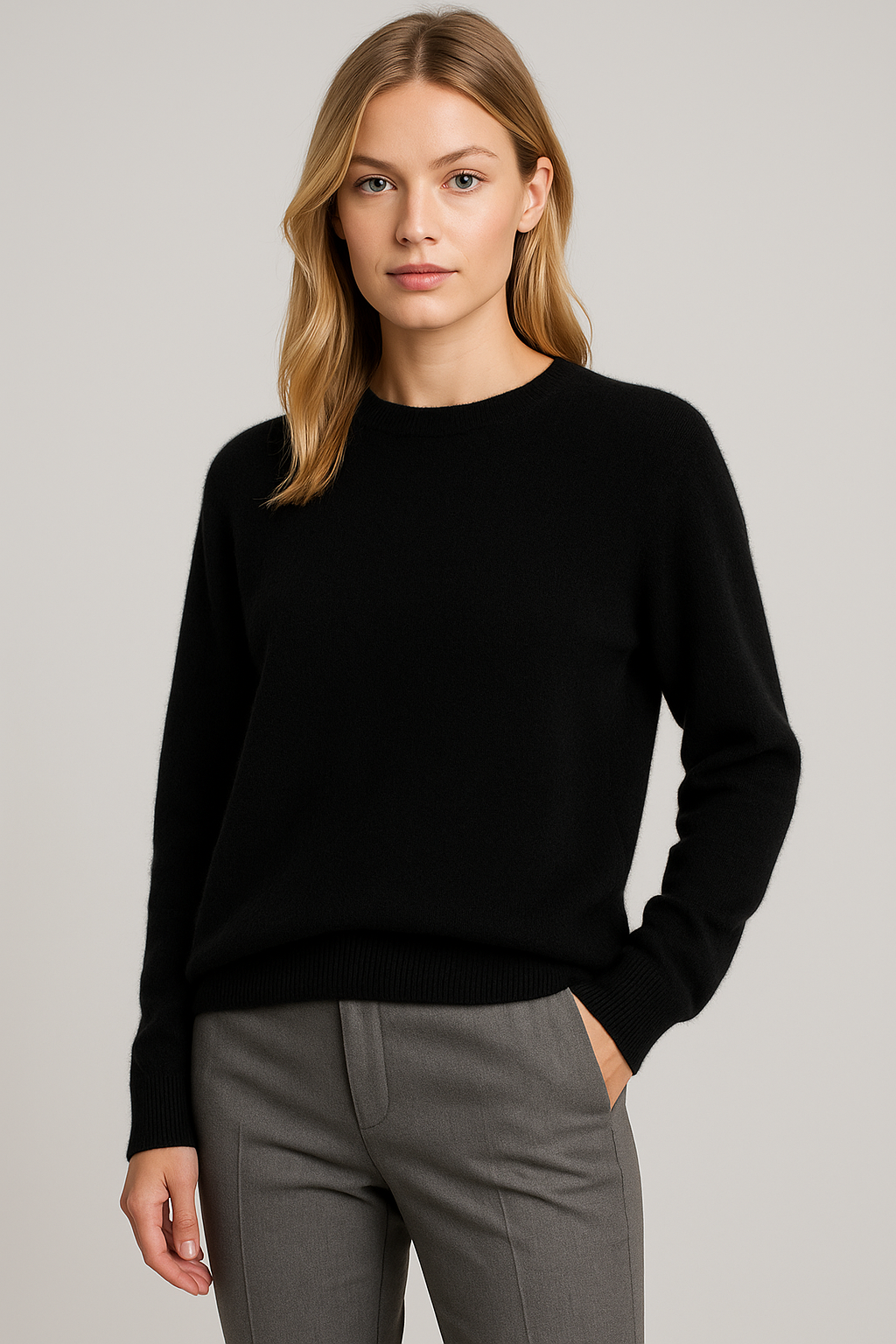 Women's Crew-Neck Jumper – Fine Knit, Ribbed Trims