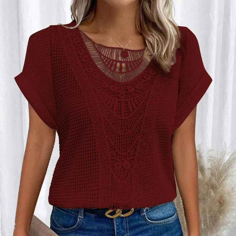Haut à col rond pour femme – Bordure en dentelle, coupe décontractée