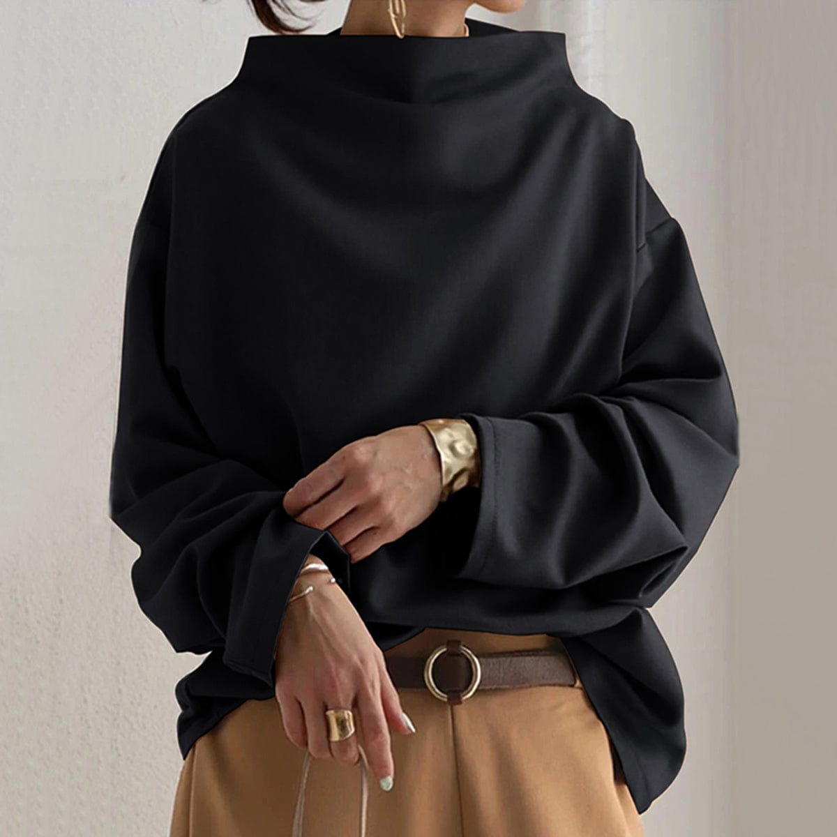 Haut en maille à col montant pour femme – Manches longues, coupe décontractée