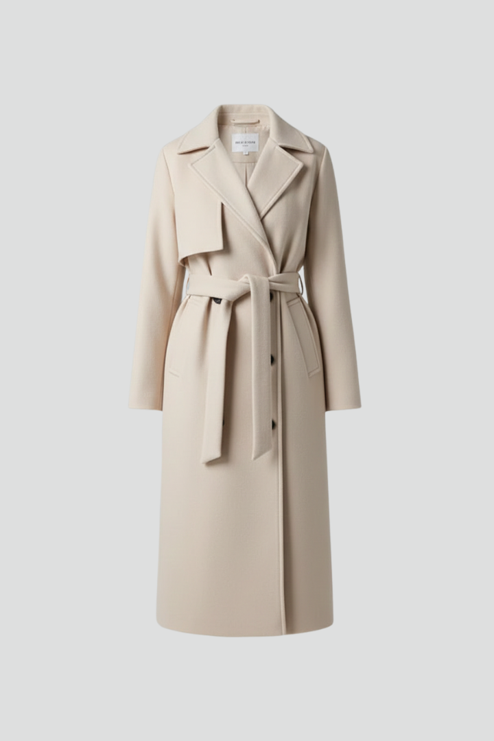 Women's Double-Breasted Long Coat – Belted, Notched Lapels